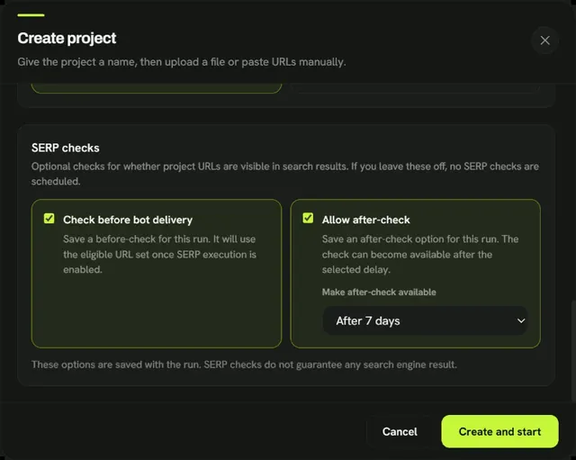 SERP check settings for before and after Google visibility checks