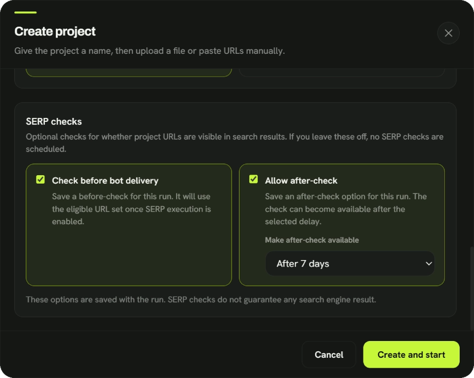 SERP check settings for before and after Google visibility checks
